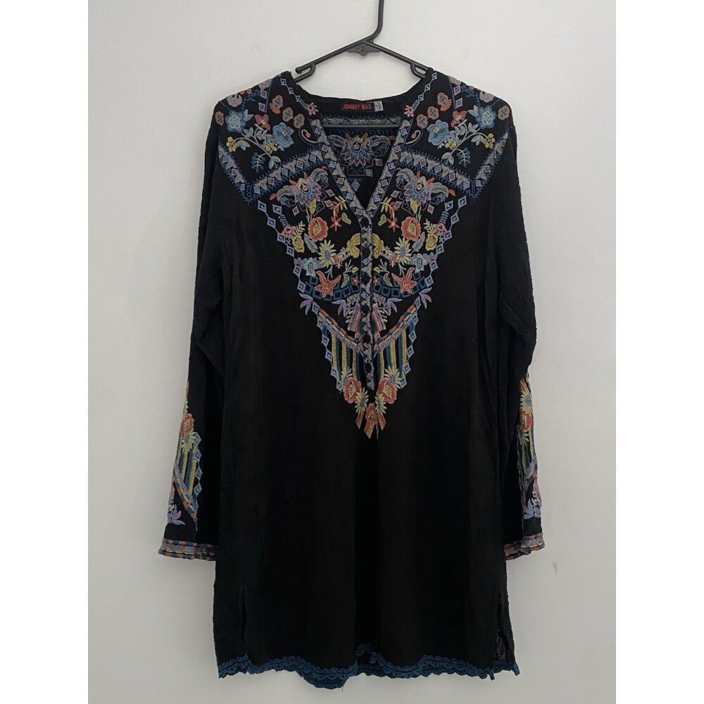 Johnny was embroidered long sleeve western native American black tunic Top SZ M
